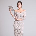 Elegant Lace V Neck Slim Sexy Dress 2023 Korean Style Women’s Slimming Look Hip-Hugging Three-Quarter Sleeve Mid-Length