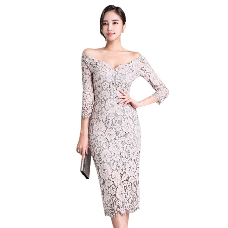Elegant Lace V Neck Slim Sexy Dress 2023 Korean Style Women’s Slimming Look Hip-Hugging Three-Quarter Sleeve Mid-Length