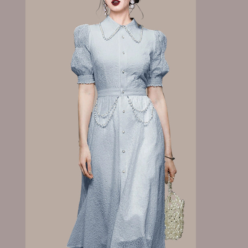 Foreign Trade Women’s 2024 Summer New Blue Elegant Retro Lantern Sleeve Slimming Waist Shirt Elegant Dress