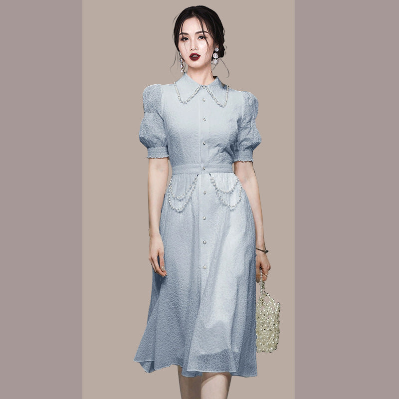 Foreign Trade Women’s 2024 Summer New Blue Elegant Retro Lantern Sleeve Slimming Waist Shirt Elegant Dress