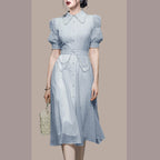 Foreign Trade Women’s 2024 Summer New Blue Elegant Retro Lantern Sleeve Slimming Waist Shirt Elegant Dress