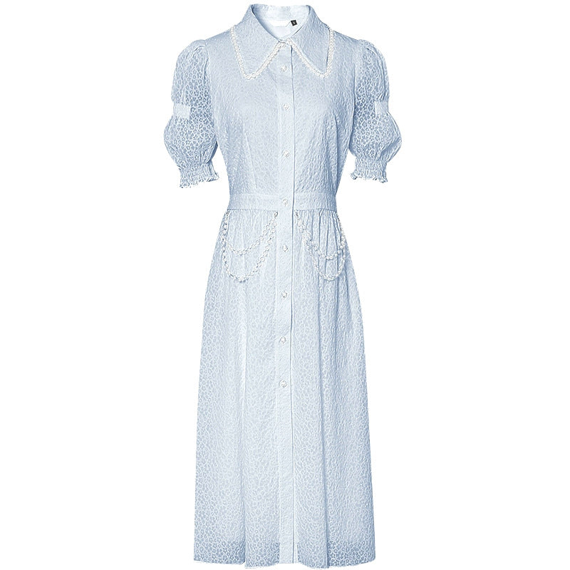 Foreign Trade Women’s 2024 Summer New Blue Elegant Retro Lantern Sleeve Slimming Waist Shirt Elegant Dress