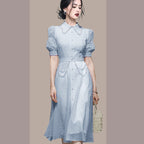 Foreign Trade Women’s 2024 Summer New Blue Elegant Retro Lantern Sleeve Slimming Waist Shirt Elegant Dress - Light Blue