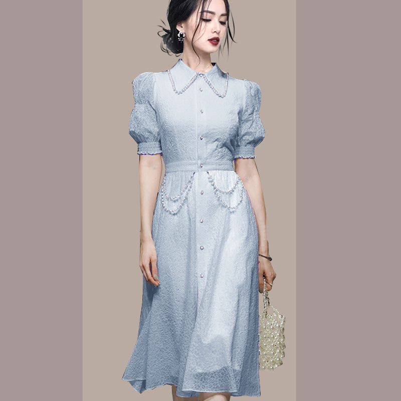 Foreign Trade Women’s 2024 Summer New Blue Elegant Retro Lantern Sleeve Slimming Waist Shirt Elegant Dress - Light Blue