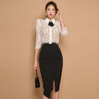 Western style age-reducing two-piece cross-border women’s clothing Korean style lapel bow lace top + high waist open