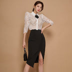 Western style age-reducing two-piece cross-border women’s clothing Korean style lapel bow lace top + high waist open