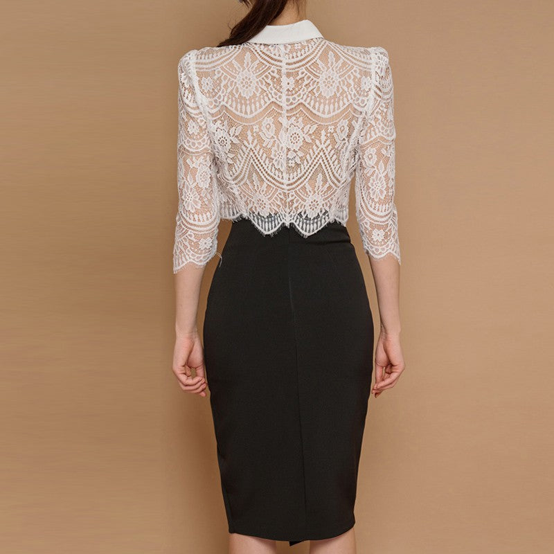 Western style age-reducing two-piece cross-border women’s clothing Korean style lapel bow lace top + high waist open