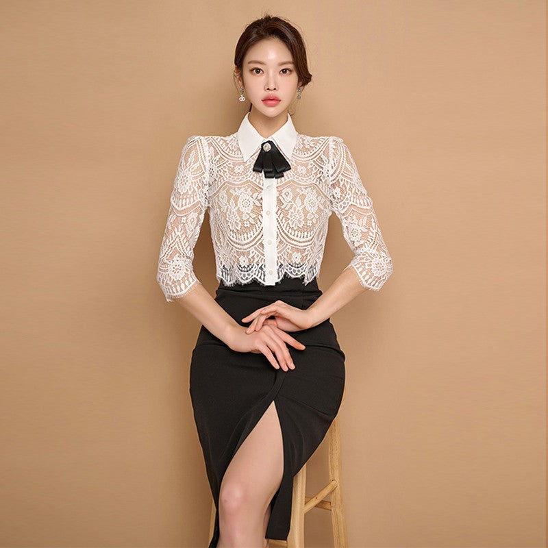 Western style age-reducing two-piece cross-border women’s clothing Korean style lapel bow lace top + high waist open