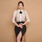 Western style age-reducing two-piece cross-border women’s clothing Korean style lapel bow lace top + high waist open