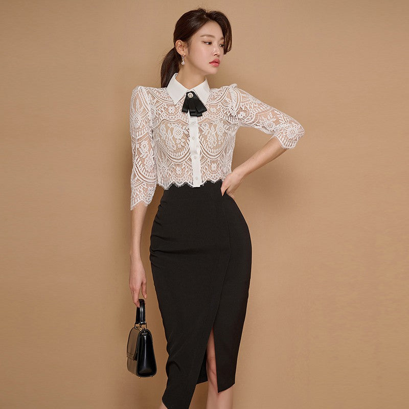 Western style age-reducing two-piece cross-border women’s clothing Korean style lapel bow lace top + high waist open
