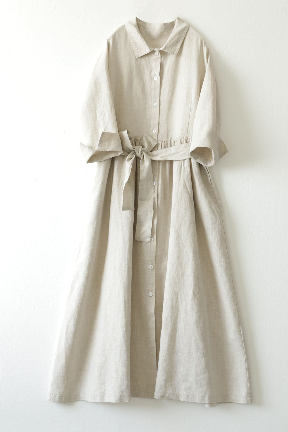Lapel Cotton and Linen Dress for Women 2023 Autumn Artistic Style Tie Waist Solid Color Mid-Length Shirt Dress Japanese