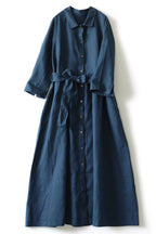 Lapel Cotton and Linen Dress for Women 2023 Autumn Artistic Style Tie Waist Solid Color Mid-Length Shirt Dress Japanese