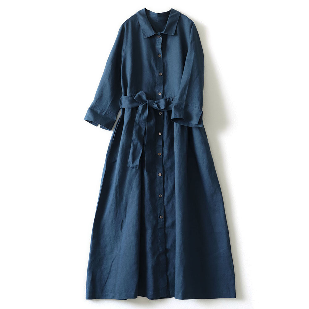 Lapel Cotton and Linen Dress for Women 2023 Autumn Artistic Style Tie Waist Solid Color Mid-Length Shirt Dress Japanese
