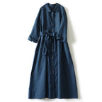 Lapel Cotton and Linen Dress for Women 2023 Autumn Artistic Style Tie Waist Solid Color Mid-Length Shirt Dress Japanese