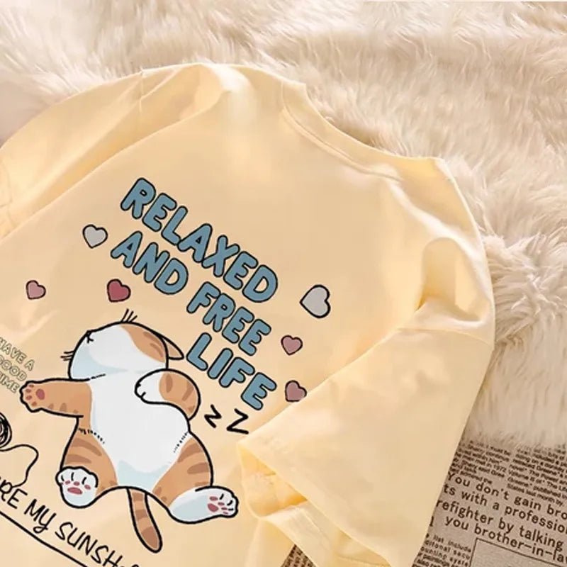 Cute Cartoon Lazy Cat Letter Print Summer Couple Short Sleeved T-shirt Loose Casual Women’s Top - Beige / XXXL