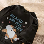 Cute Cartoon Lazy Cat Letter Print Summer Couple Short Sleeved T-shirt Loose Casual Women’s Top - Black / XL