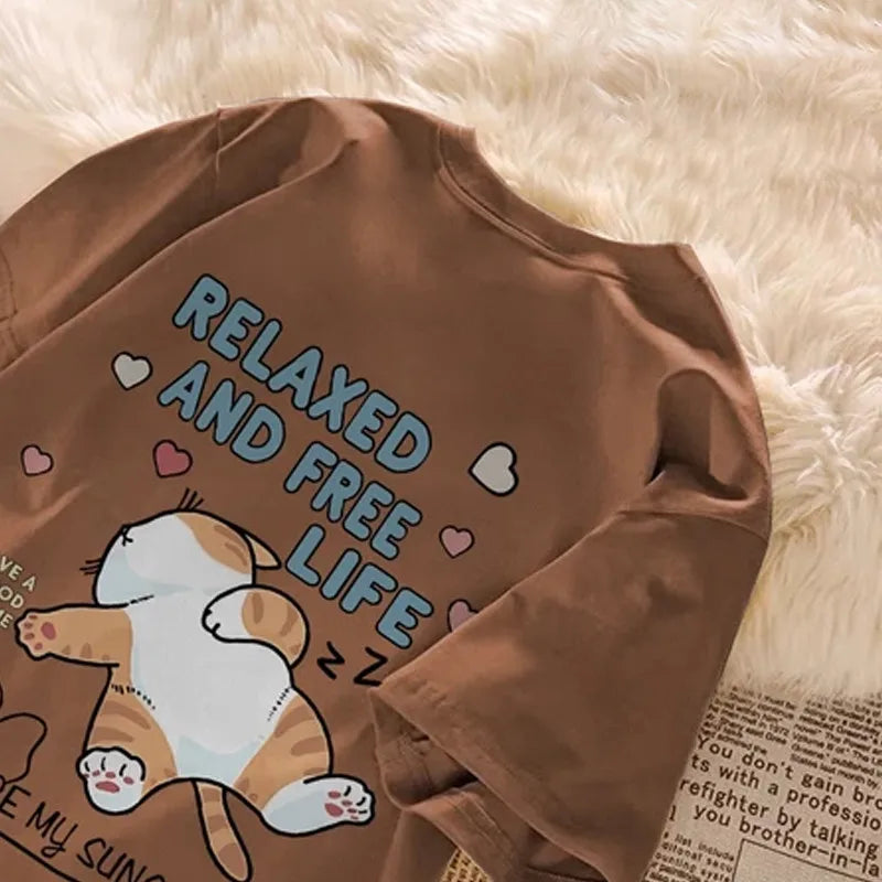 Cute Cartoon Lazy Cat Letter Print Summer Couple Short Sleeved T-shirt Loose Casual Women’s Top - Brown / XXXL