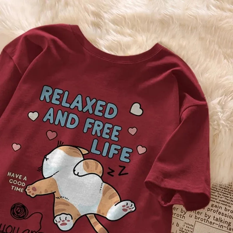 Cute Cartoon Lazy Cat Letter Print Summer Couple Short Sleeved T-shirt Loose Casual Women’s Top - Dark Red / M