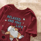 Cute Cartoon Lazy Cat Letter Print Summer Couple Short Sleeved T-shirt Loose Casual Women’s Top - Dark Red / M