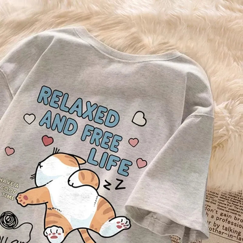 Cute Cartoon Lazy Cat Letter Print Summer Couple Short Sleeved T-shirt Loose Casual Women’s Top - Grey / XXXL