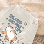 Cute Cartoon Lazy Cat Letter Print Summer Couple Short Sleeved T-shirt Loose Casual Women’s Top - White / XXXL