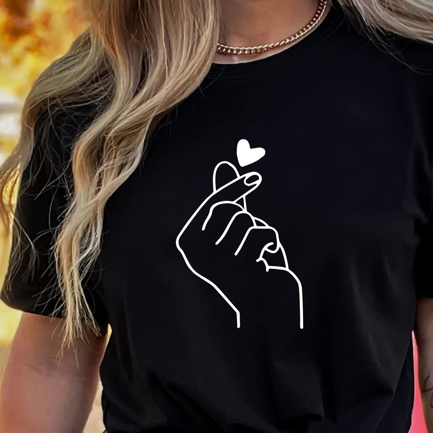 Cute Print Solid Crew Neck T-Shirt Short Sleeve Casual Every Day Top For All Season Women’s Clothing - Black / XL