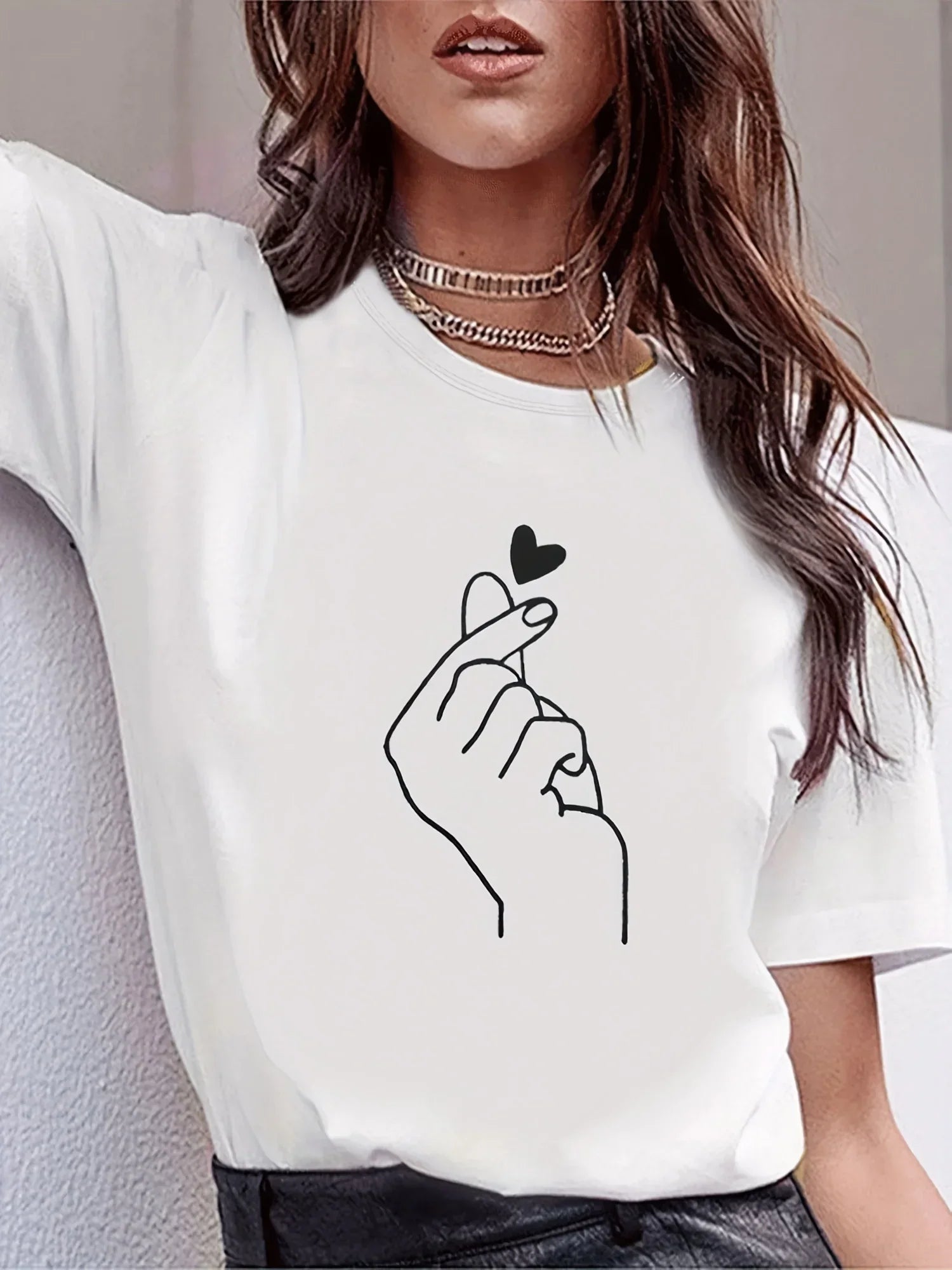 Cute Print Solid Crew Neck T-Shirt Short Sleeve Casual Every Day Top For All Season Women’s Clothing