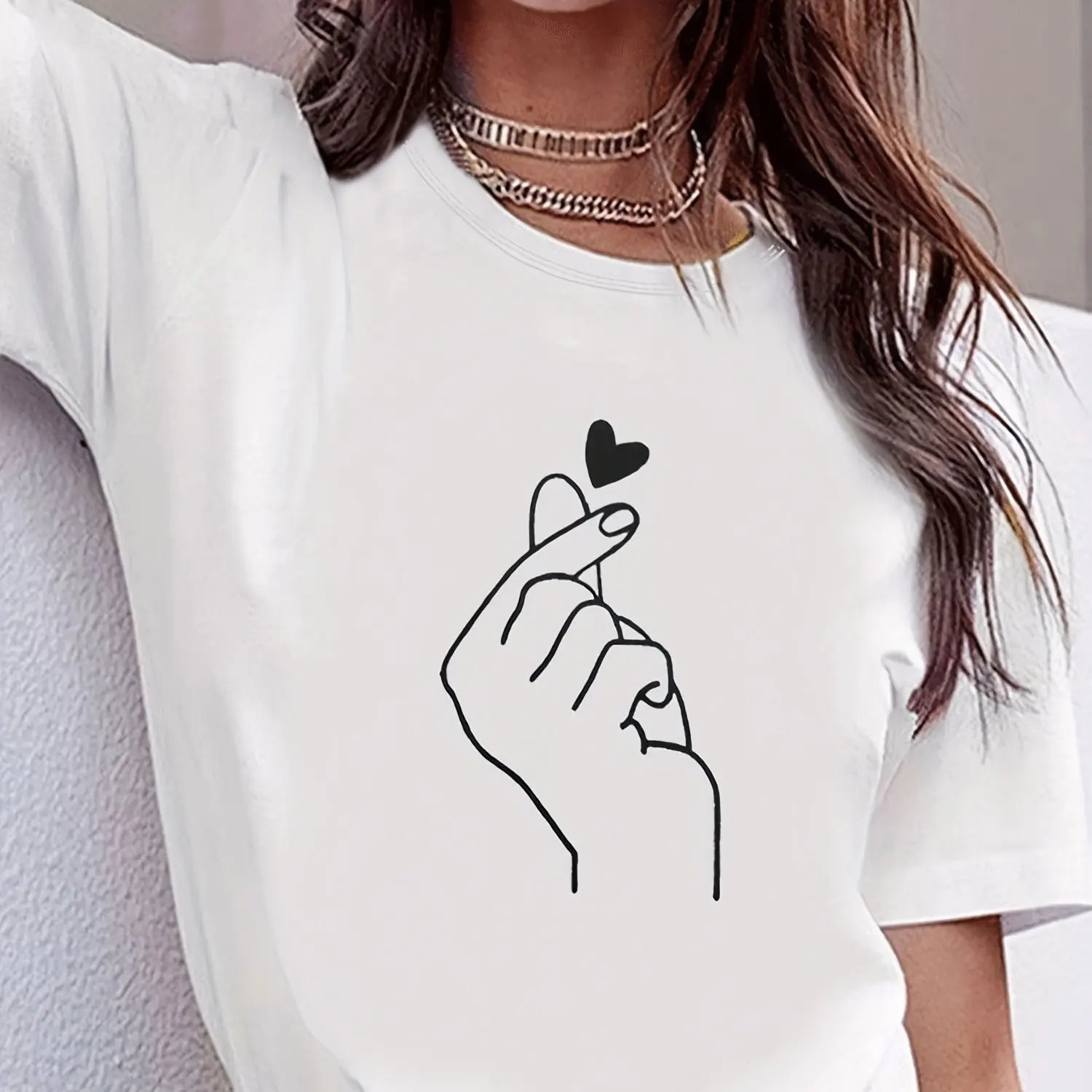 Cute Print Solid Crew Neck T-Shirt Short Sleeve Casual Every Day Top For All Season Women’s Clothing - White / XL