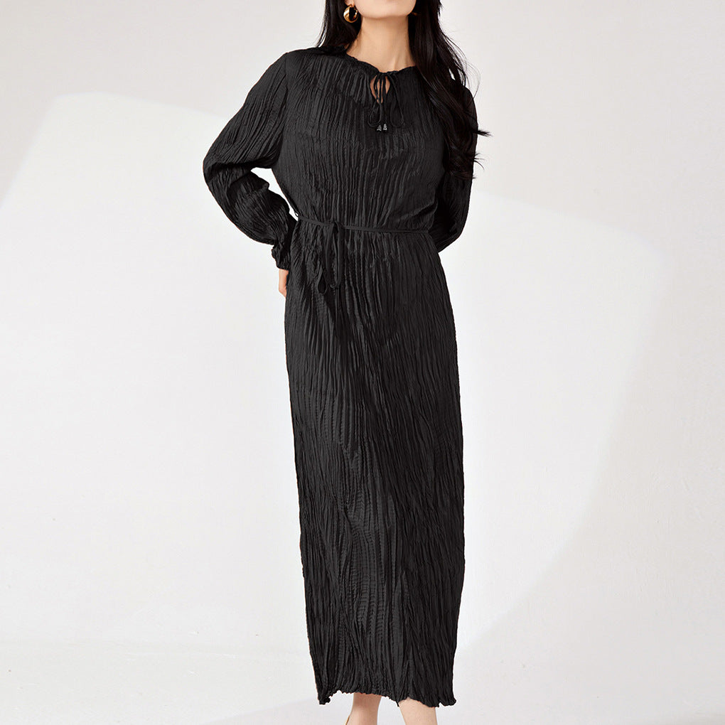 Miyake Long Dress for Women Summer High-End Dress New Style Shenzhen Nanyou High-End Dress French-Style Dress - Black