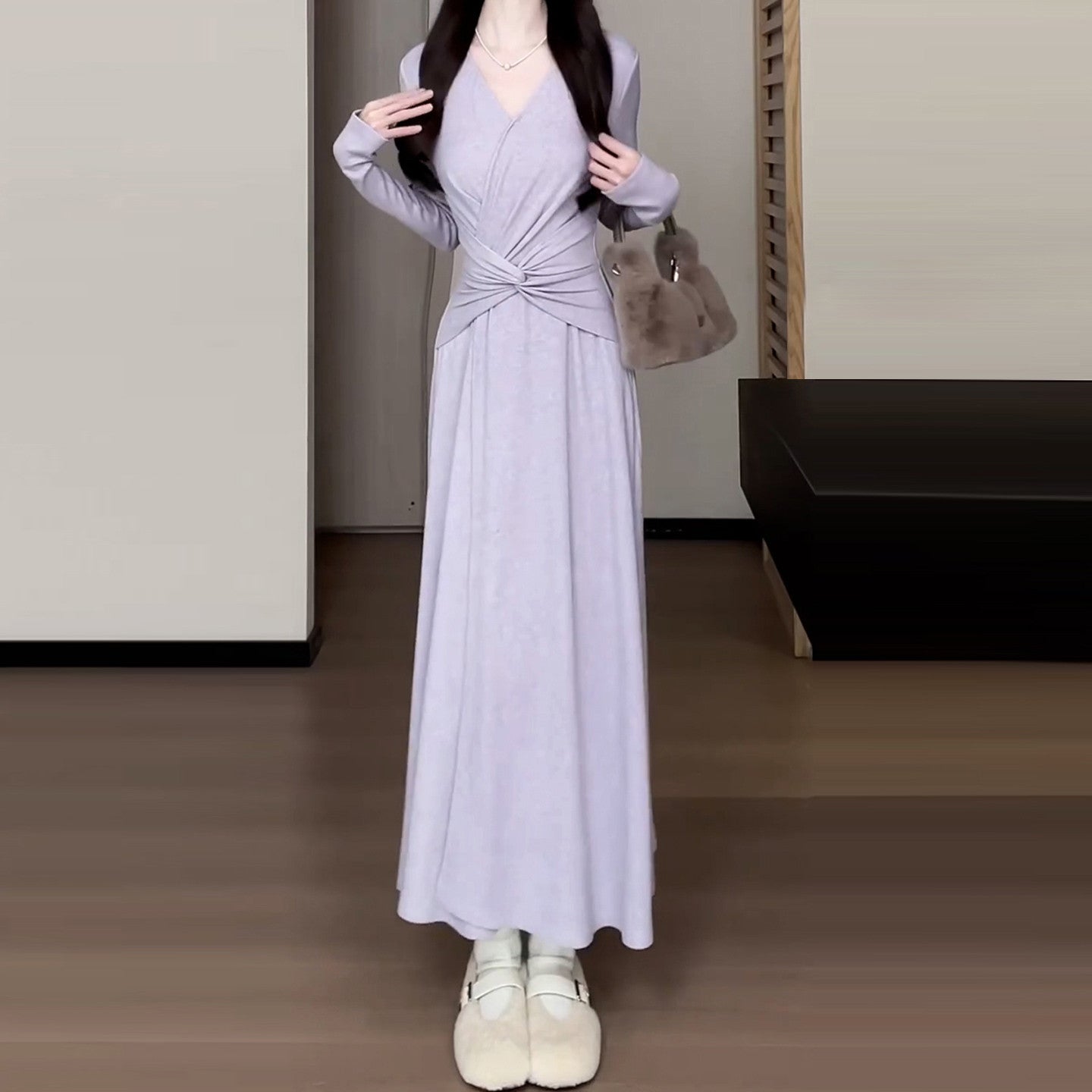 Purple Pinch-Waist Knit Long Dress - kawaii-inspired outfit in pastel colors - 30161373