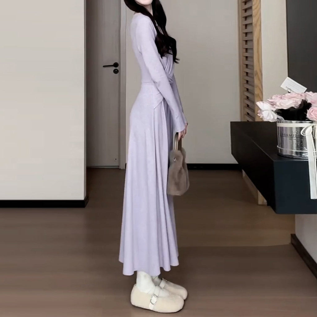Purple Pinch-Waist Knit Long Dress - kawaii-inspired outfit in pastel colors - 72755103