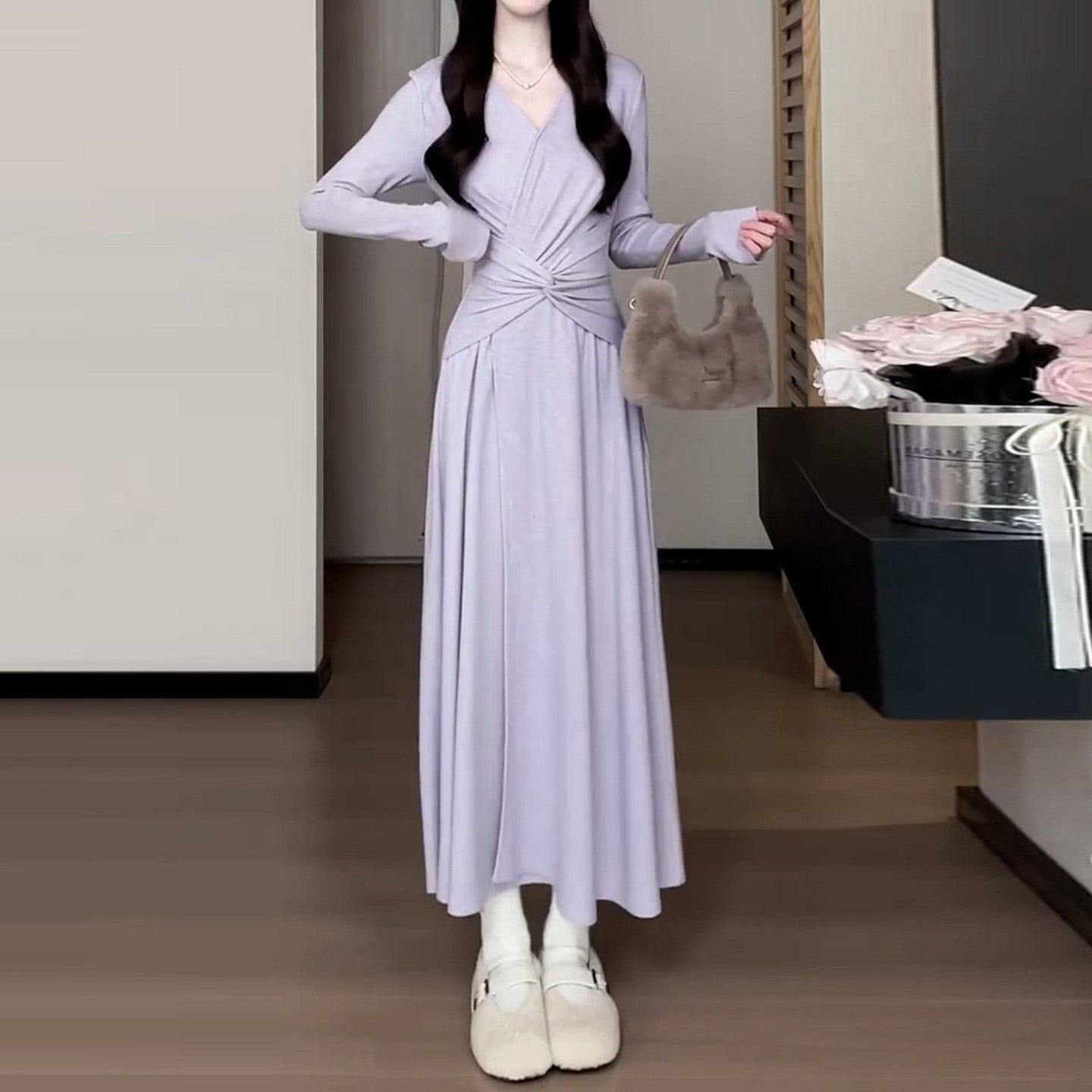 Purple Pinch-Waist Knit Long Dress - kawaii-inspired outfit in pastel colors - 4494357