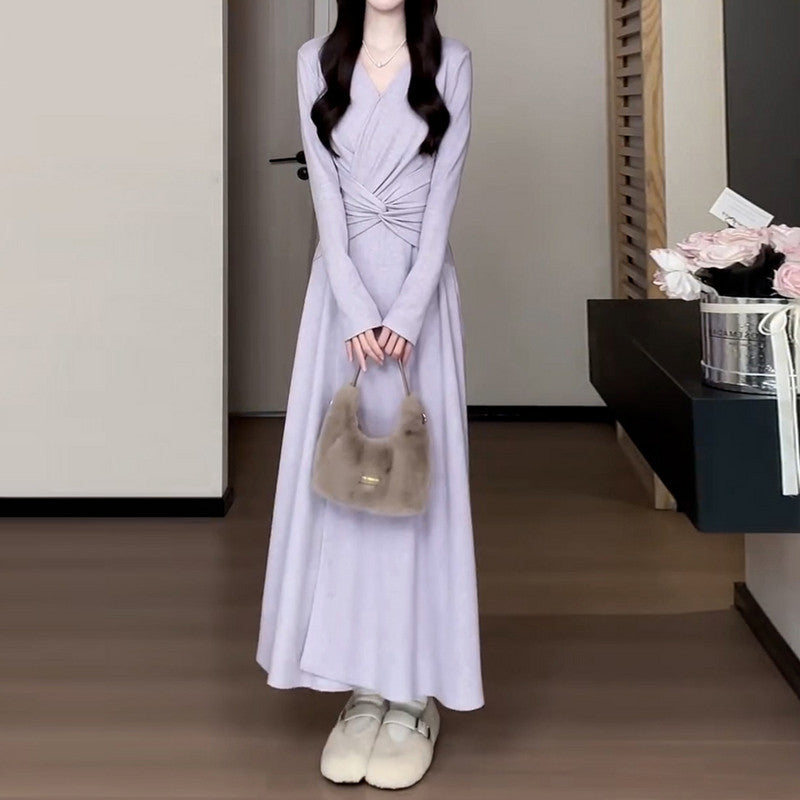 Purple Pinch-Waist Knit Long Dress - kawaii-inspired outfit in pastel colors - 97217868