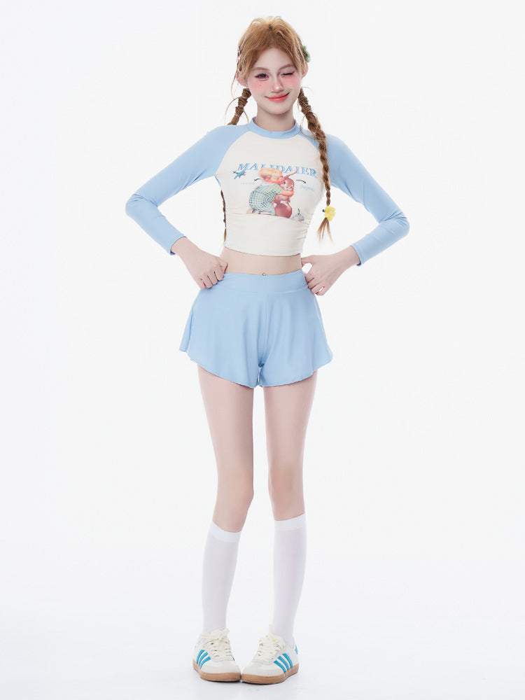 New Style Fresh and Simple Women’s Conservative Two-Piece Swimwear with Long Sleeves and Sporty Style Pure Desire