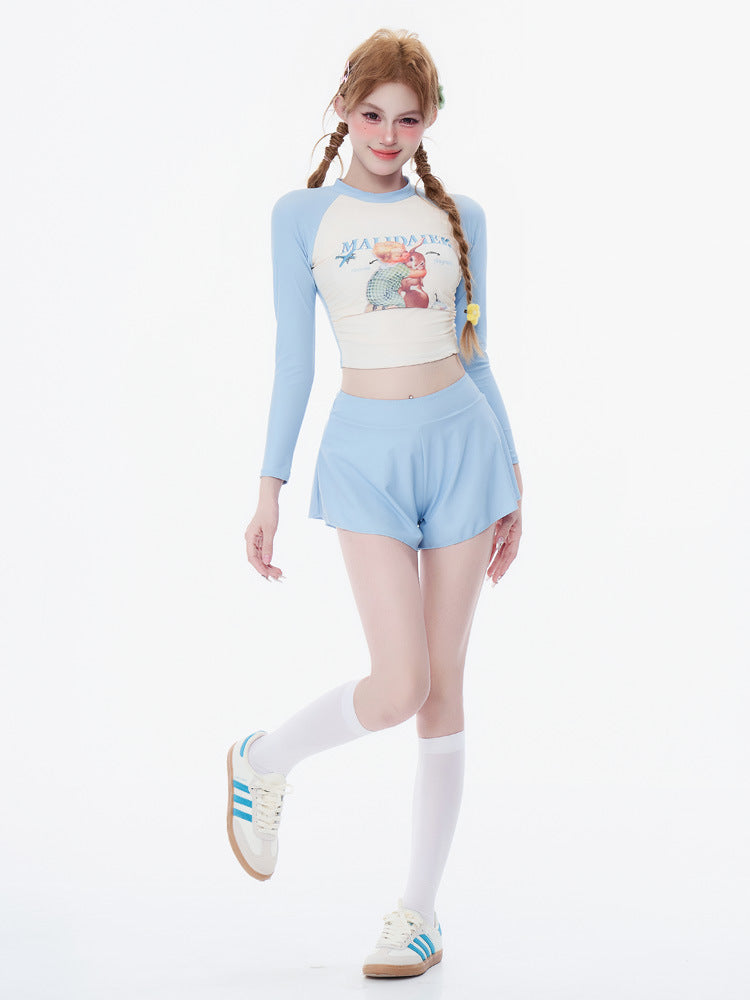 New Style Fresh and Simple Women’s Conservative Two-Piece Swimwear with Long Sleeves and Sporty Style Pure Desire