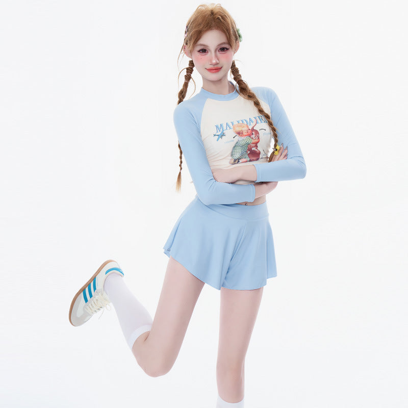 New Style Fresh and Simple Women’s Conservative Two-Piece Swimwear with Long Sleeves and Sporty Style Pure Desire