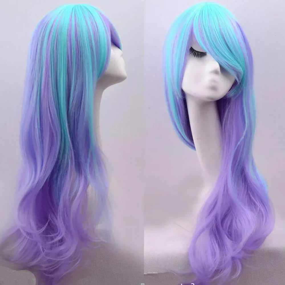 Soowee Synthetic Hair Long Wavy Cosplay Wig with Bangs Purple Blue Ombre Costume Lolita Wigs - Purple / 28inches