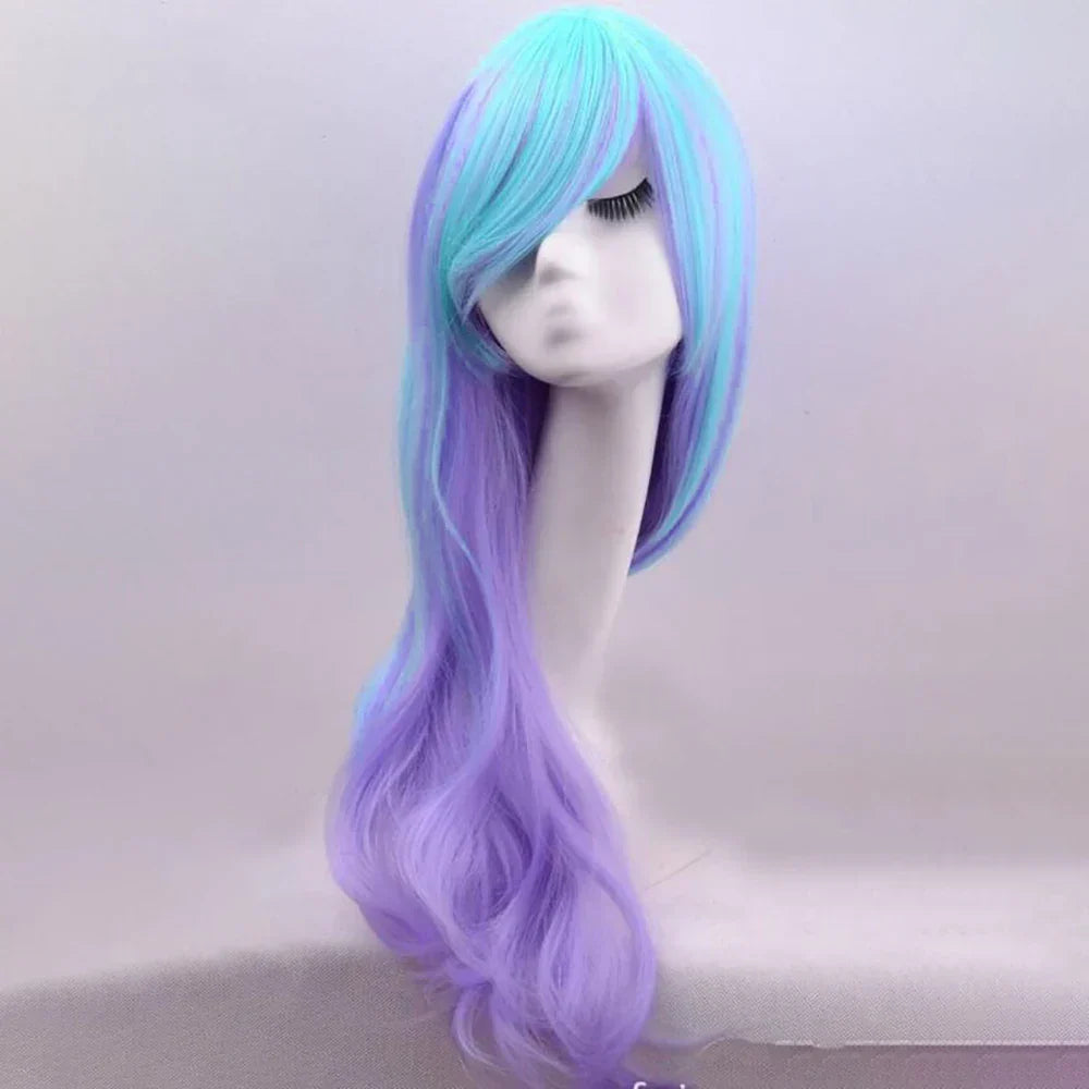 Soowee Synthetic Hair Long Wavy Cosplay Wig with Bangs Purple Blue Ombre Costume Lolita Wigs - Purple / 28inches
