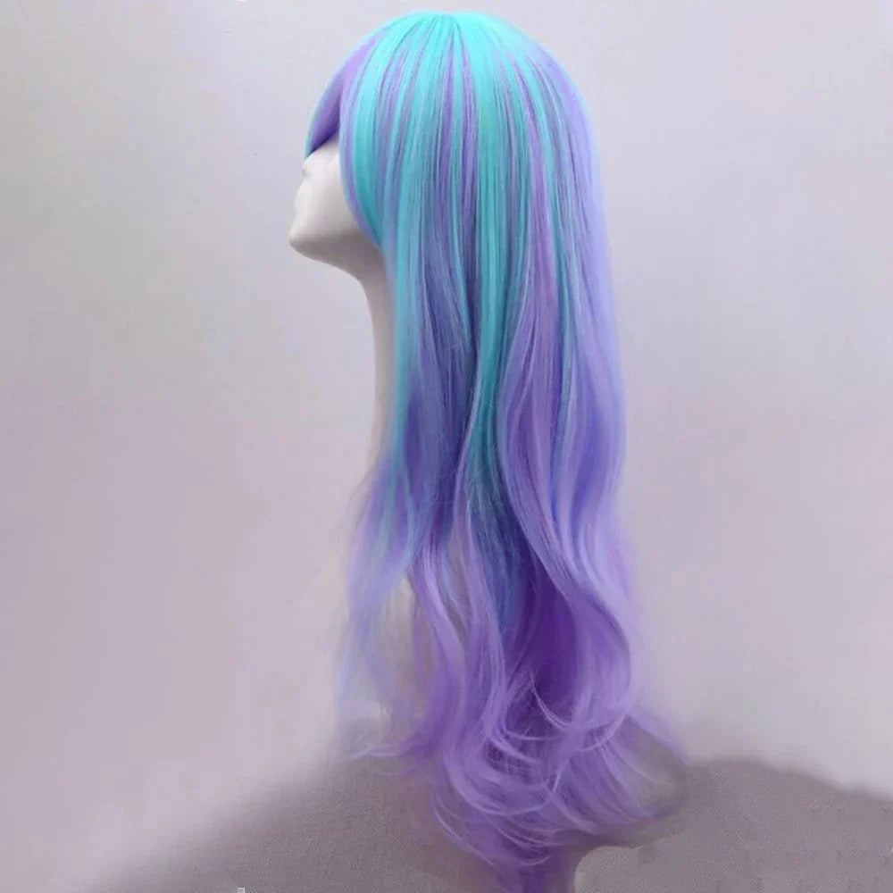 Soowee Synthetic Hair Long Wavy Cosplay Wig with Bangs Purple Blue Ombre Costume Lolita Wigs - Purple / 28inches