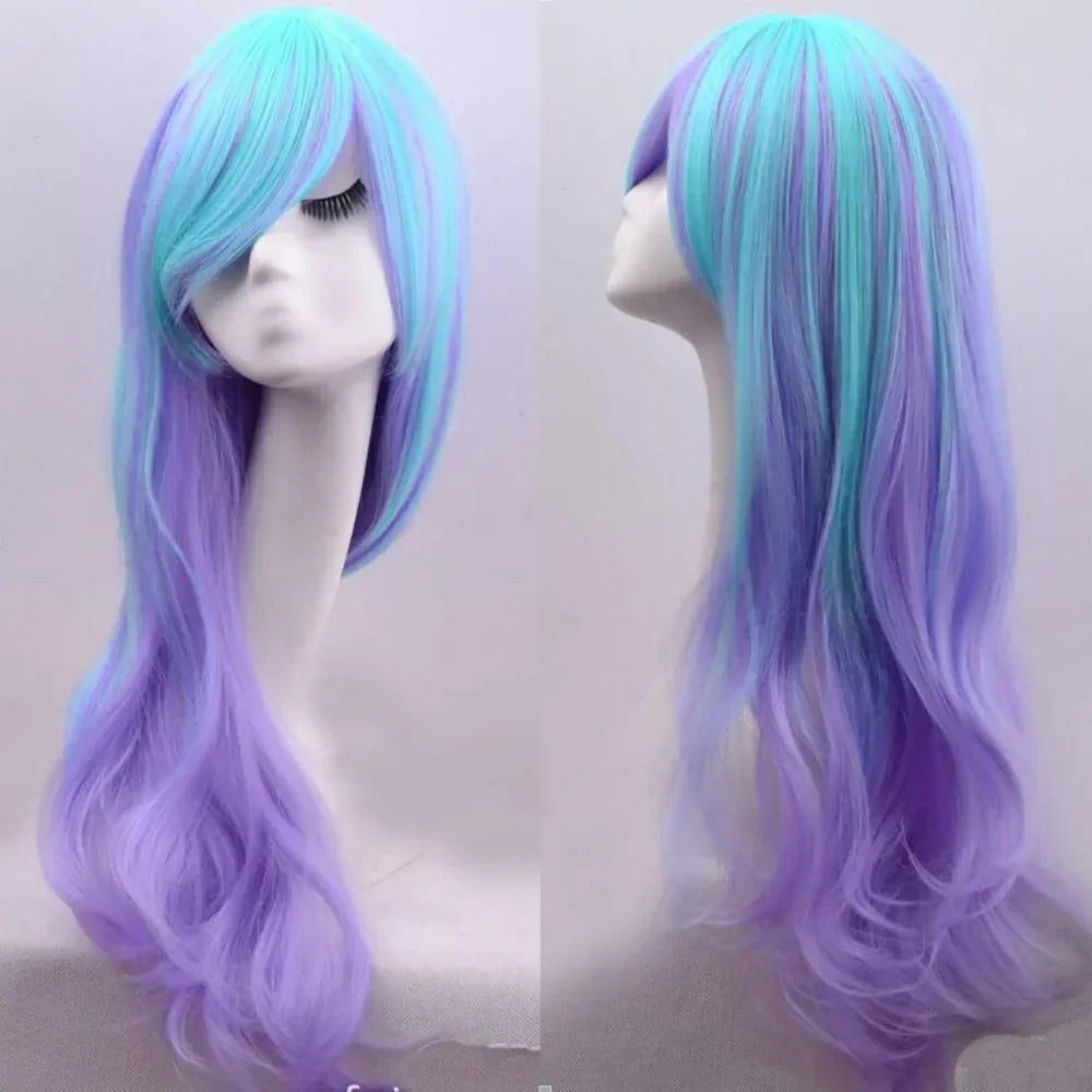 Soowee Synthetic Hair Long Wavy Cosplay Wig with Bangs Purple Blue Ombre Costume Lolita Wigs - Purple / 28inches