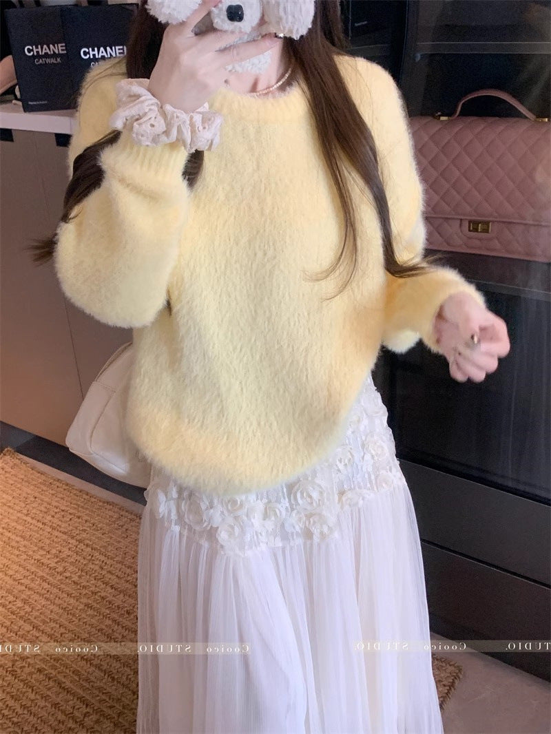 Korean-style lazy and relaxed round neck versatile sweater women’s clothing autumn and winter soft waxy loose-fit slim
