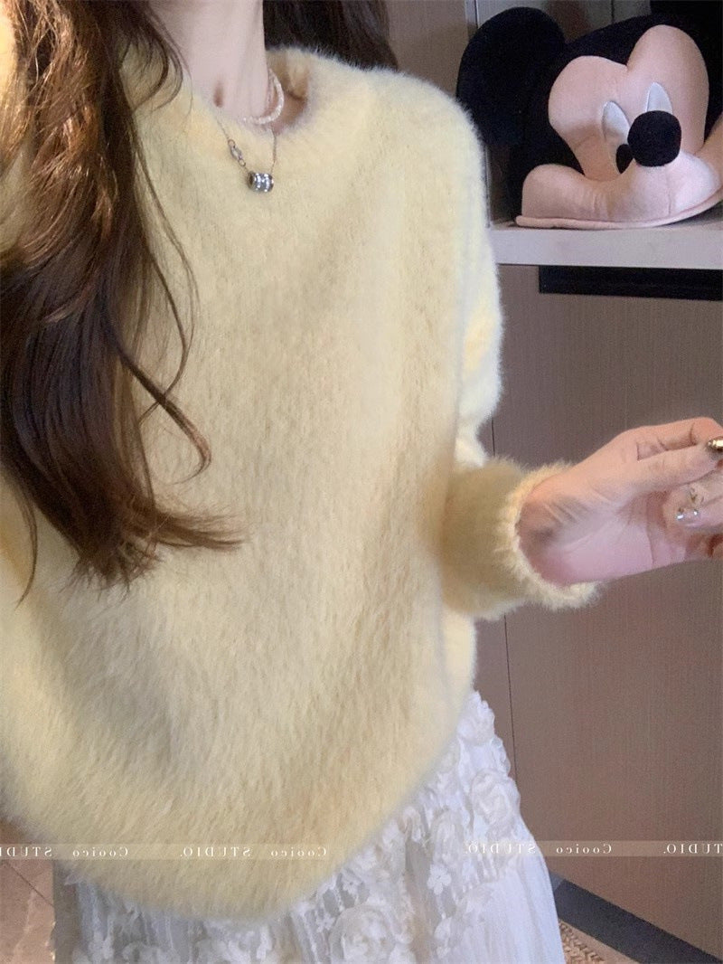 Korean-style lazy and relaxed round neck versatile sweater women’s clothing autumn and winter soft waxy loose-fit slim