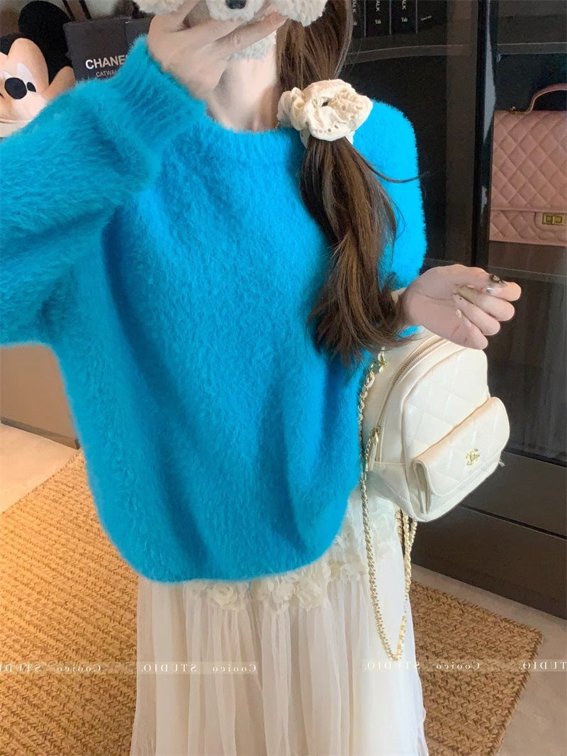 Korean-style lazy and relaxed round neck versatile sweater women’s clothing autumn and winter soft waxy loose-fit slim
