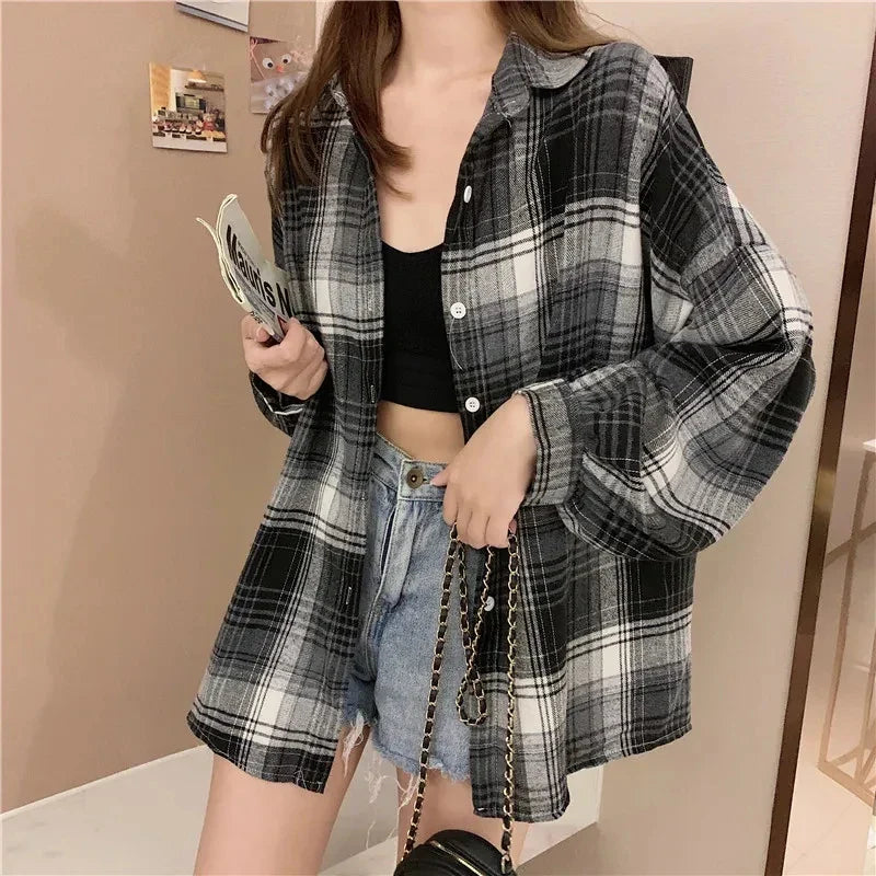 Loose Plaid Button-Up Shirt - 1 / XL - Button-Up Shirt