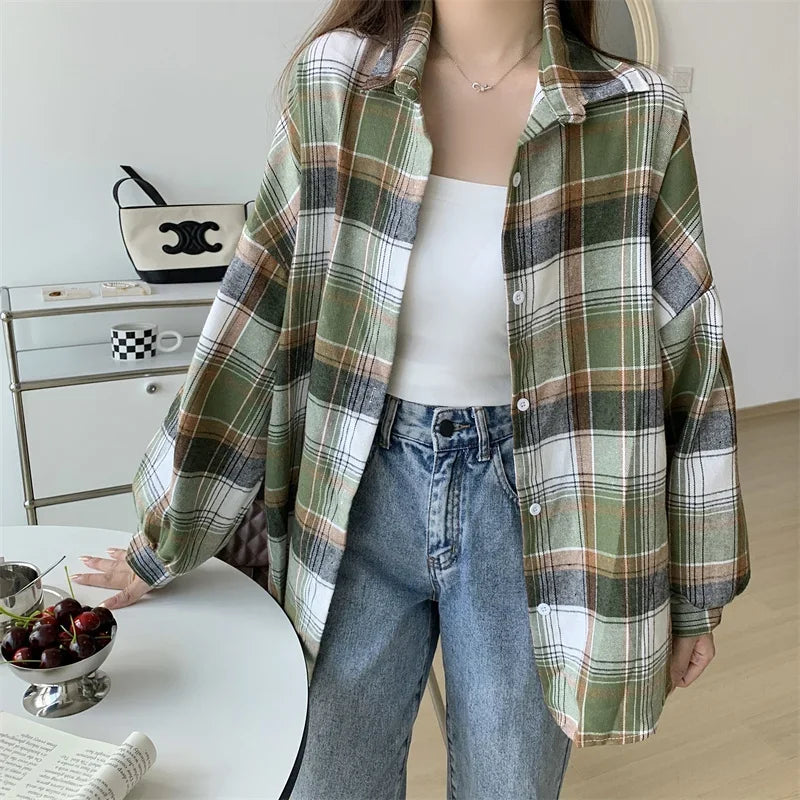 Loose Plaid Button-Up Shirt - Button-Up Shirt