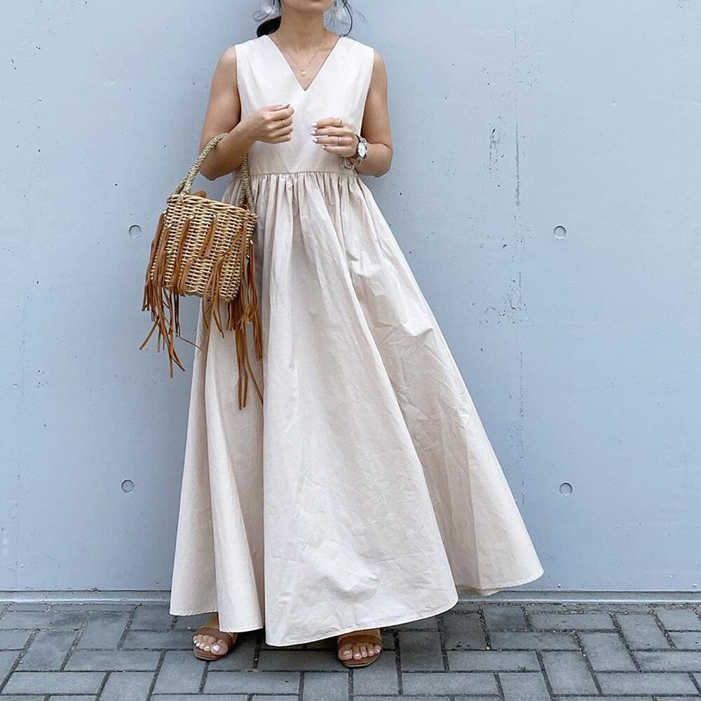 In-Stock Korean 2026 Season New Style Loose Sleeveless Dress with a Large Hem Slimming Mid-Length Dress with Patchwork