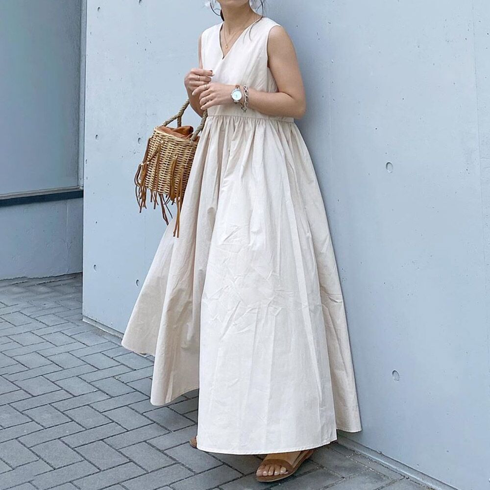 In-Stock Korean 2026 Season New Style Loose Sleeveless Dress with a Large Hem Slimming Mid-Length Dress with Patchwork