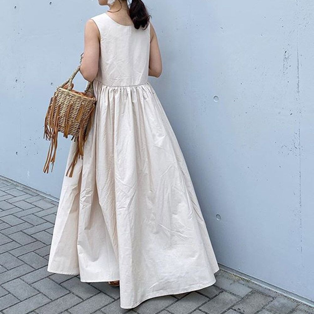 In-Stock Korean 2026 Season New Style Loose Sleeveless Dress with a Large Hem Slimming Mid-Length Dress with Patchwork
