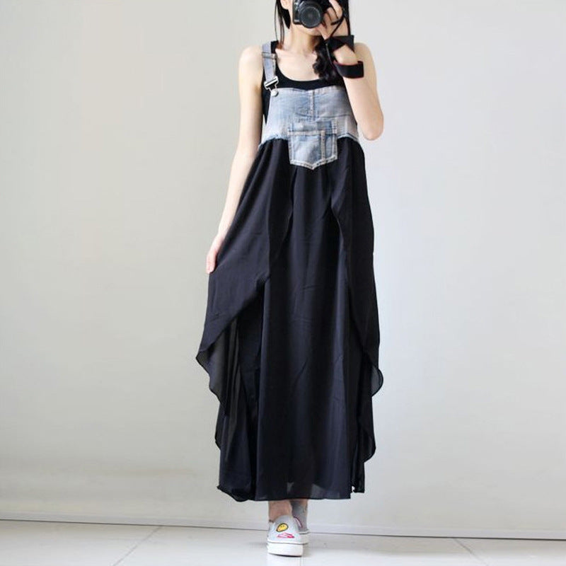 2024 Summer New Korean Style plus size Loose Fashionable Casual Denim Stitching Chiffon Strap Denim dress Women