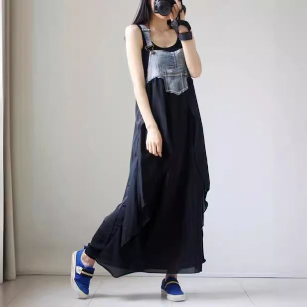 2024 Summer New Korean Style plus size Loose Fashionable Casual Denim Stitching Chiffon Strap Denim dress Women